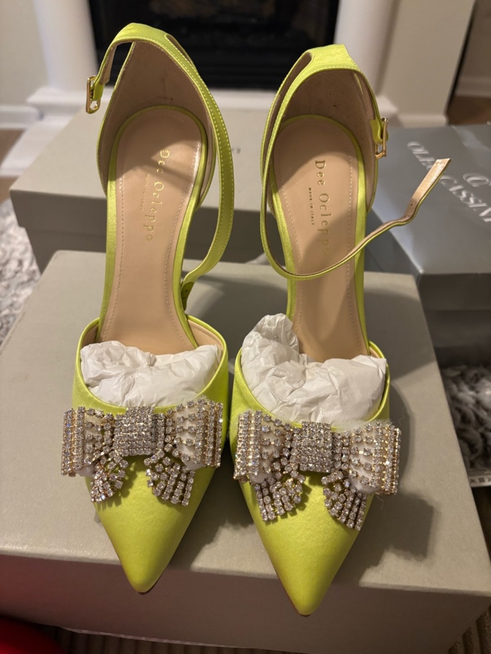 Women's green lime  Satin Pointed-Toe Slingback Heels with Crystal Bow